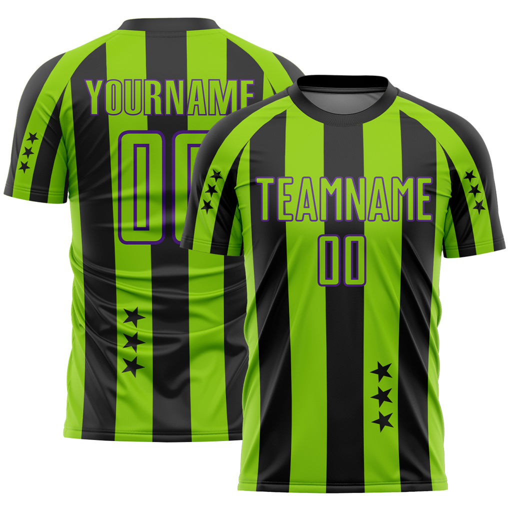 Custom Black Neon Green-Purple Stars And Stripes Sports Sublimation Soccer Uniform Jersey