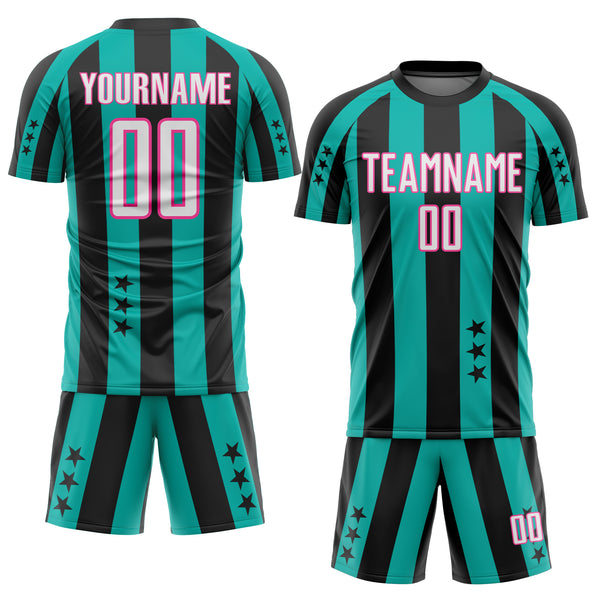 Custom Black White Aqua-Pink Stars And Stripes Sports Sublimation Soccer Uniform Jersey