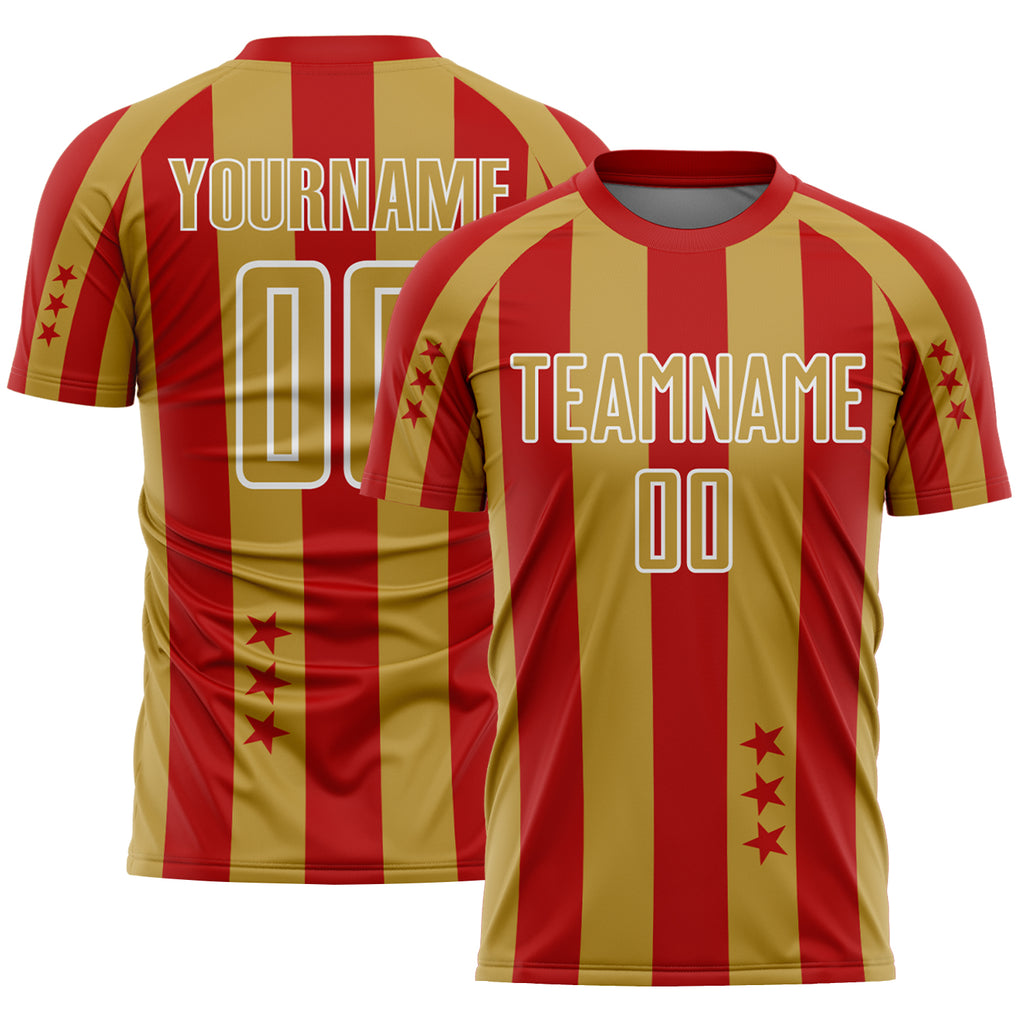 Custom Red Old Gold-White Stars And Stripes Sports Sublimation Soccer Uniform Jersey