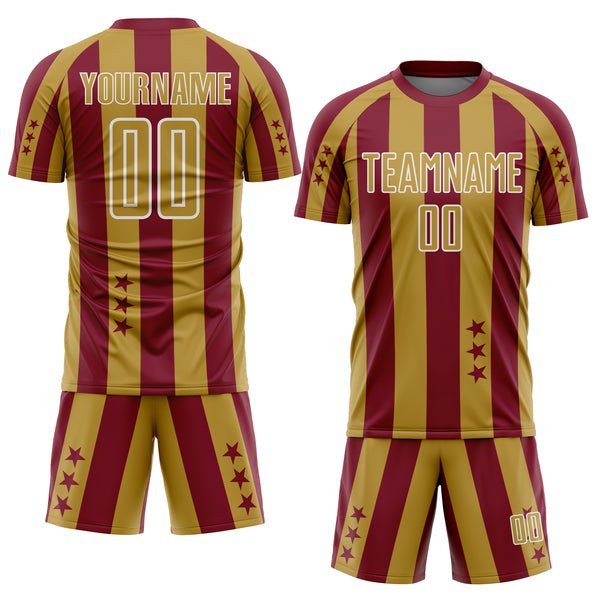 Custom Crimson Old Gold-White Stars And Stripes Sports Sublimation Soccer Uniform Jersey