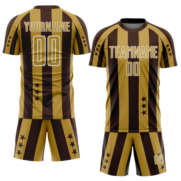 Custom Brown Old Gold-White Stars And Stripes Sports Sublimation Soccer Uniform Jersey