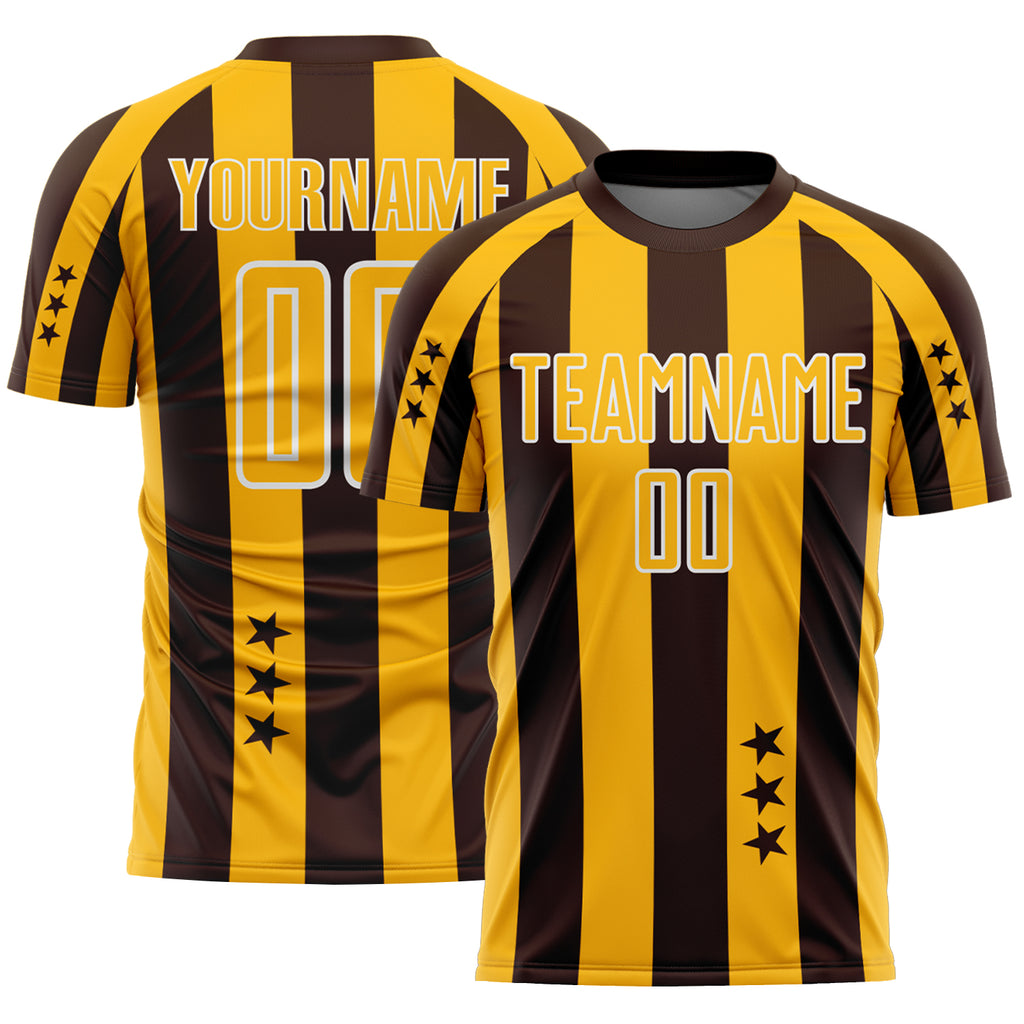 Custom Brown Gold-White Stars And Stripes Sports Sublimation Soccer Uniform Jersey