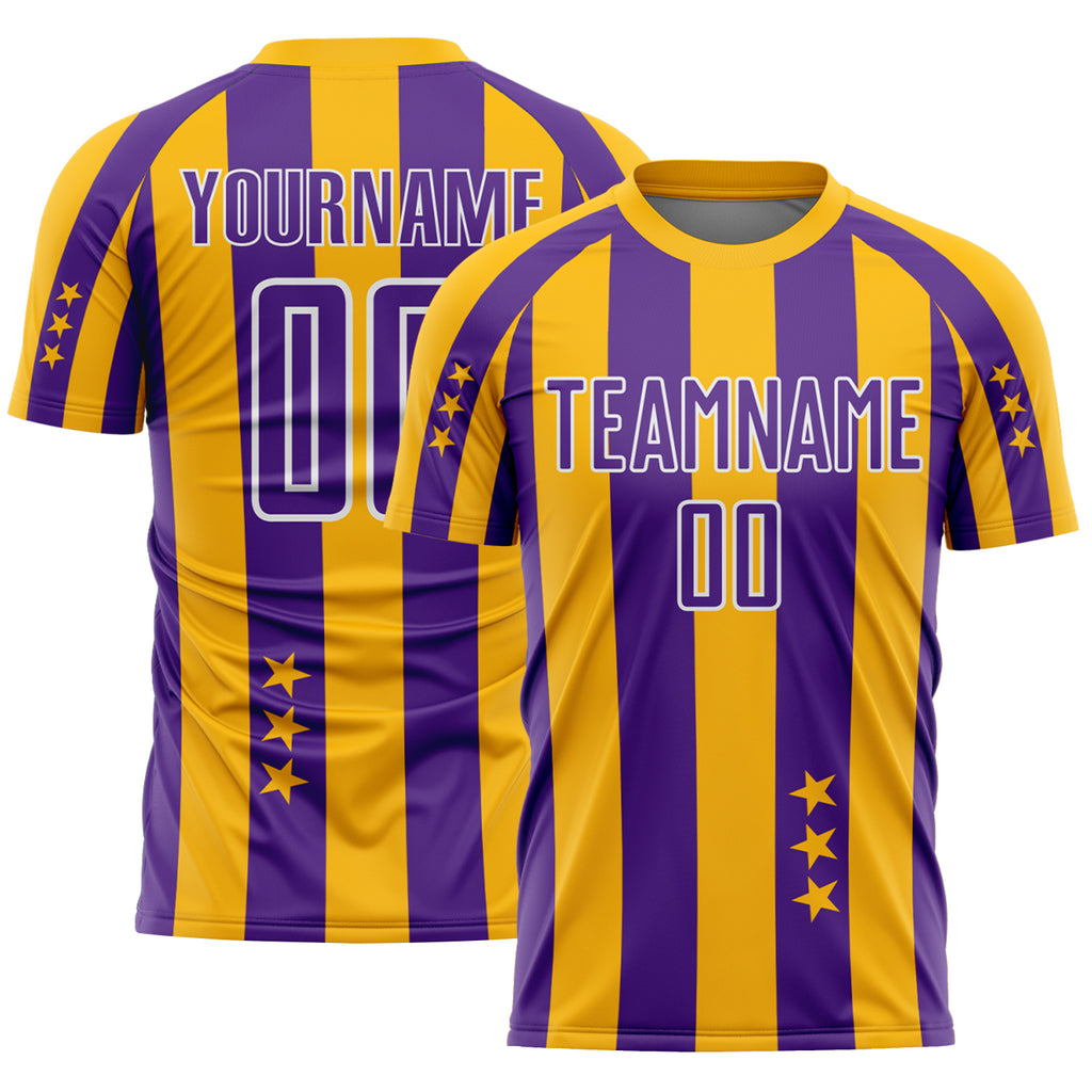 Custom Gold Purple-White Stars And Stripes Sports Sublimation Soccer Uniform Jersey