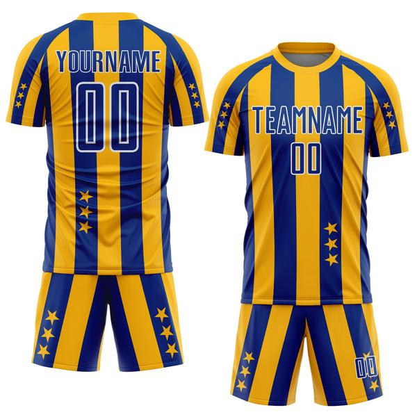 Custom Gold Royal-White Stars And Stripes Sports Sublimation Soccer Uniform Jersey