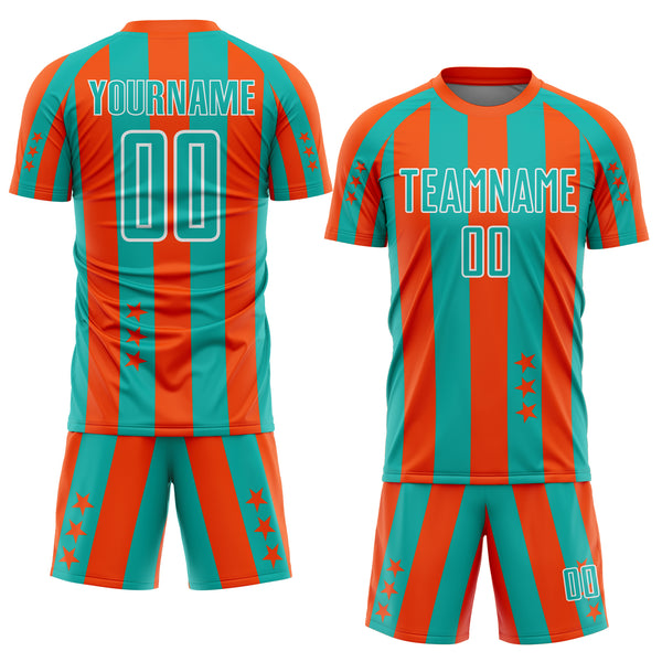 Custom Orange Aqua-White Stars And Stripes Sports Sublimation Soccer Uniform Jersey