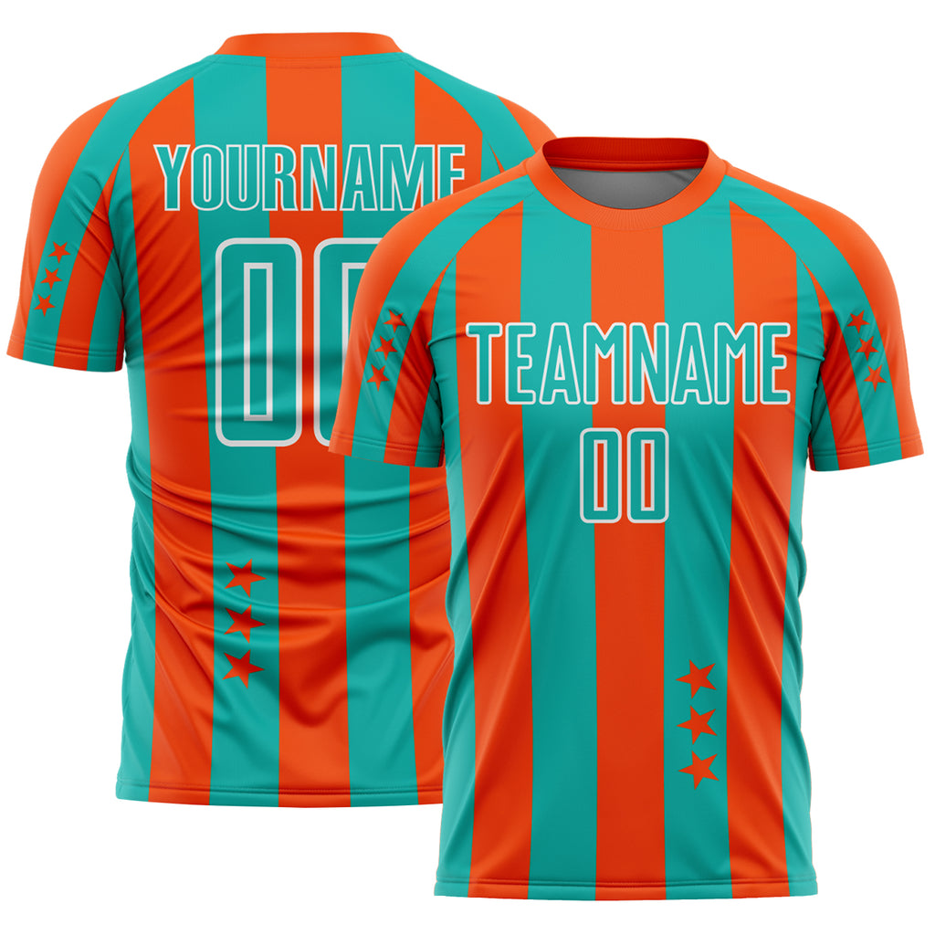 Custom Orange Aqua-White Stars And Stripes Sports Sublimation Soccer Uniform Jersey