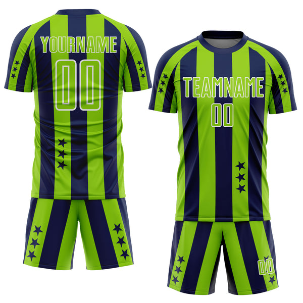 Custom Navy Neon Green-White Stars And Stripes Sports Sublimation Soccer Uniform Jersey