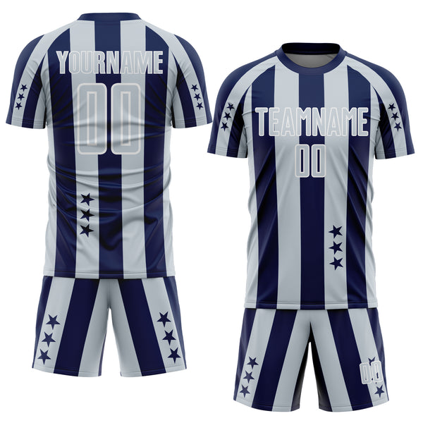 Custom Navy Silver-White Stars And Stripes Sports Sublimation Soccer Uniform Jersey