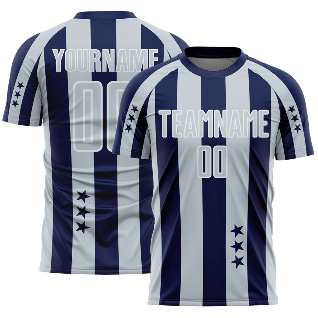 Custom Navy Silver-White Stars And Stripes Sports Sublimation Soccer Uniform Jersey