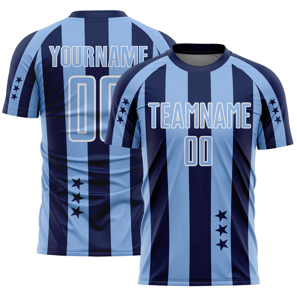 Custom Navy Light Blue-White Stars And Stripes Sports Sublimation Soccer Uniform Jersey