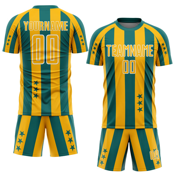 Custom Teal Gold-White Stars And Stripes Sports Sublimation Soccer Uniform Jersey