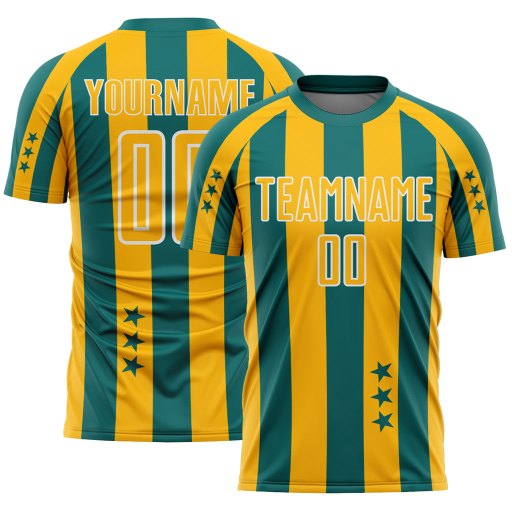 Custom Teal Gold-White Stars And Stripes Sports Sublimation Soccer Uniform Jersey