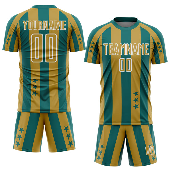 Custom Teal Old Gold-White Stars And Stripes Sports Sublimation Soccer Uniform Jersey