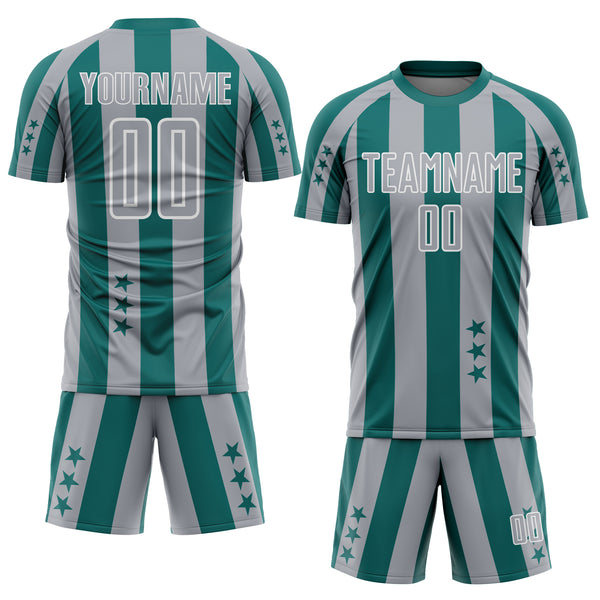 Custom Teal Gray-White Stars And Stripes Sports Sublimation Soccer Uniform Jersey