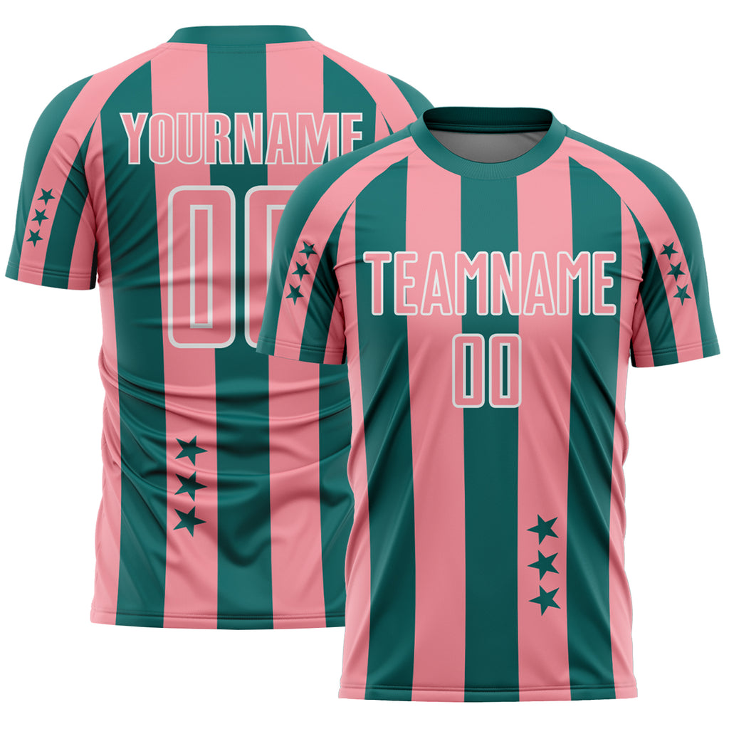 Custom Teal Medium Pink-White Stars And Stripes Sports Sublimation Soccer Uniform Jersey