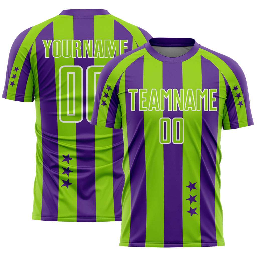 Custom Purple Neon Green-White Stars And Stripes Sports Sublimation Soccer Uniform Jersey