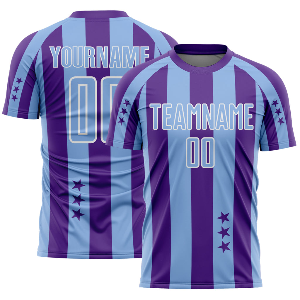 Custom Purple Light Blue-White Stars And Stripes Sports Sublimation Soccer Uniform Jersey