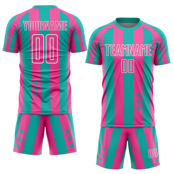 Custom Aqua Pink-White Stars And Stripes Sports Sublimation Soccer Uniform Jersey
