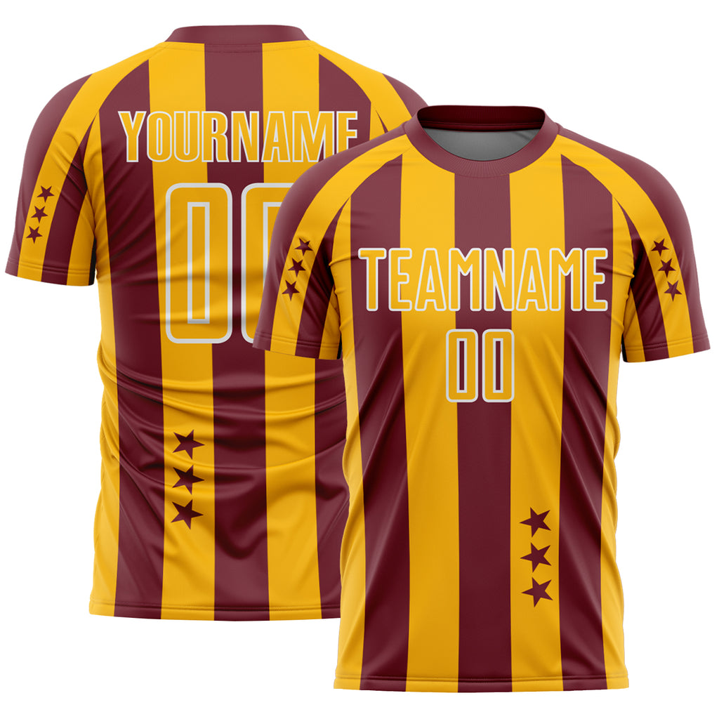 Custom Burgundy Gold-White Stars And Stripes Sports Sublimation Soccer Uniform Jersey
