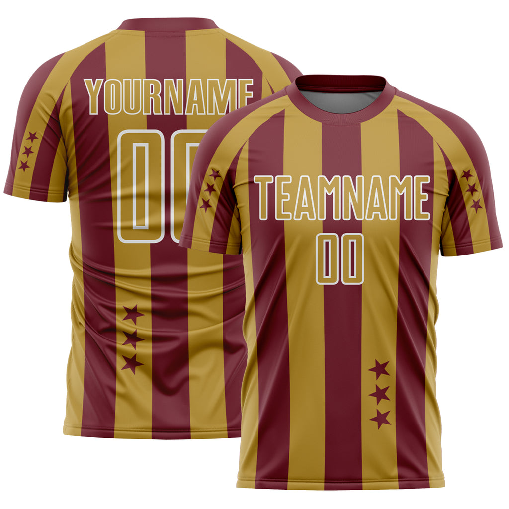 Custom Burgundy Old Gold-White Stars And Stripes Sports Sublimation Soccer Uniform Jersey