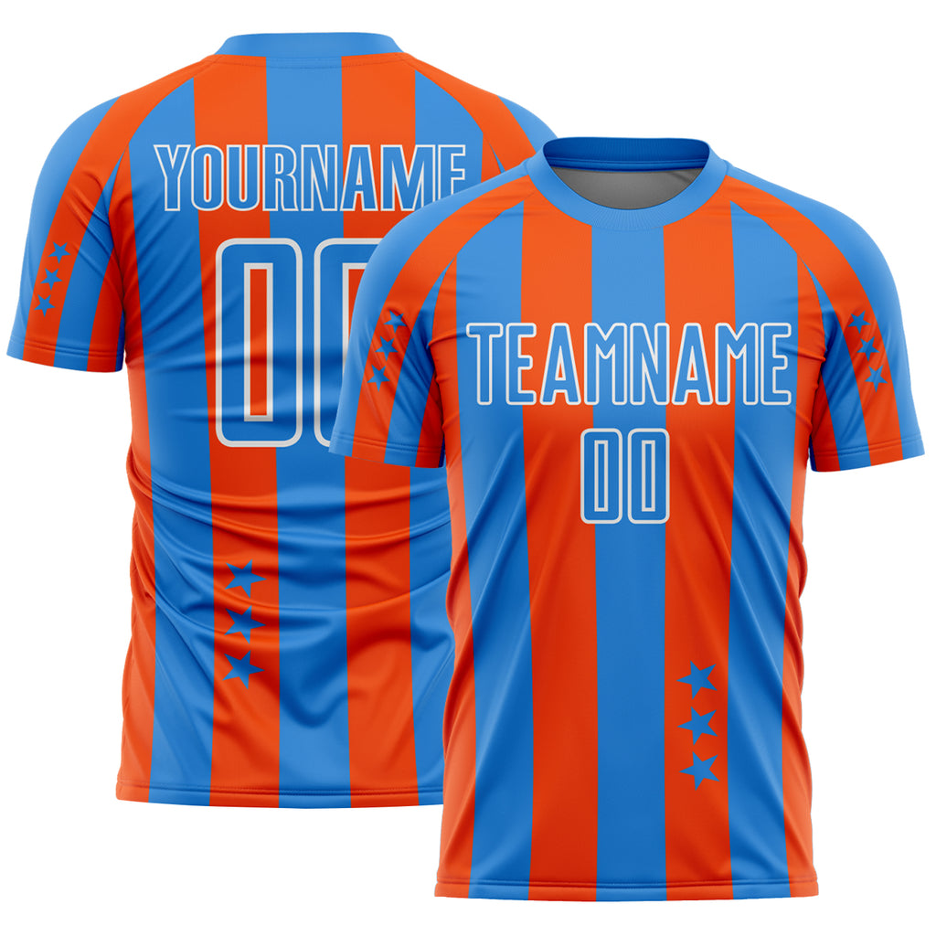 Custom Powder Blue Orange-White Stars And Stripes Sports Sublimation Soccer Uniform Jersey