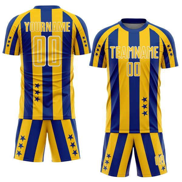Custom Royal Yellow-White Stars And Stripes Sports Sublimation Soccer Uniform Jersey