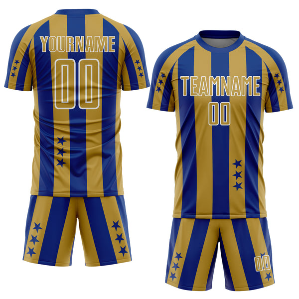 Custom Royal Old Gold-White Stars And Stripes Sports Sublimation Soccer Uniform Jersey
