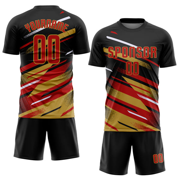Custom Black Red Old Gold-White Grunge Stripe And Grainy Sports Sublimation Soccer Uniform Jersey