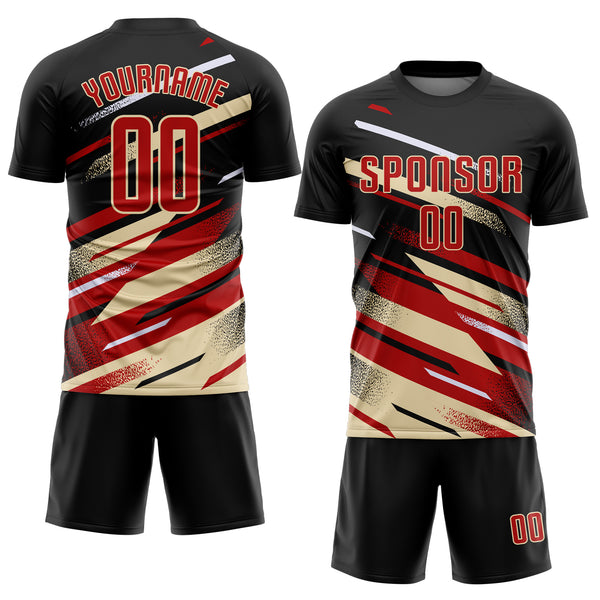 Custom Black Red Cream-White Grunge Stripe And Grainy Sports Sublimation Soccer Uniform Jersey