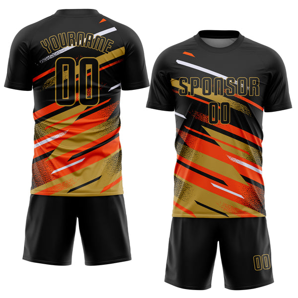 Custom Black Orange Old Gold-White Grunge Stripe And Grainy Sports Sublimation Soccer Uniform Jersey
