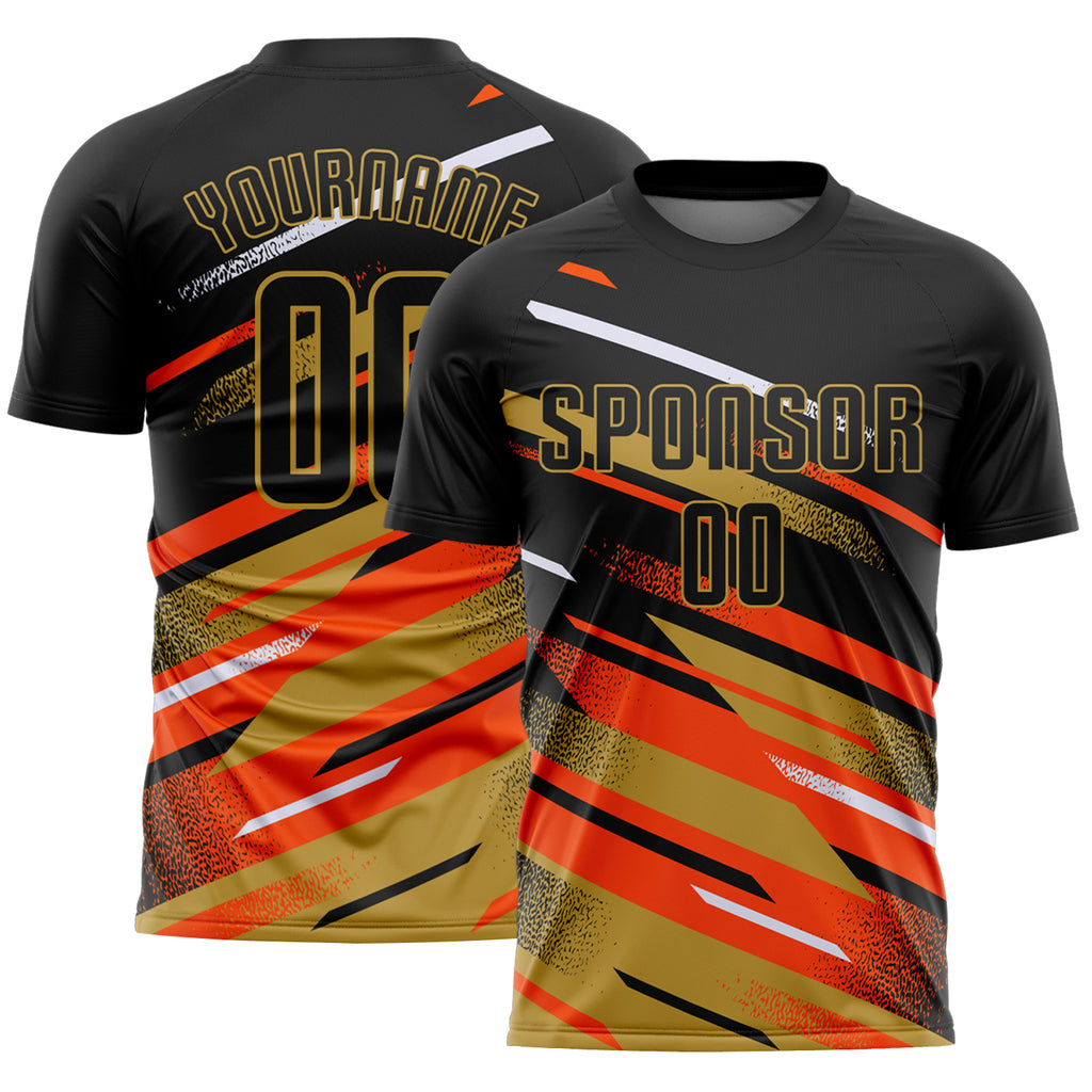 Custom Black Orange Old Gold-White Grunge Stripe And Grainy Sports Sublimation Soccer Uniform Jersey
