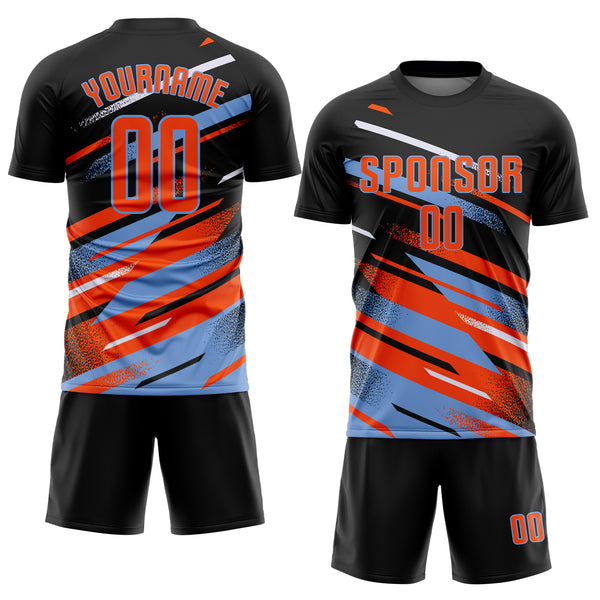 Custom Black Orange Powder Blue-White Grunge Stripe And Grainy Sports Sublimation Soccer Uniform Jersey