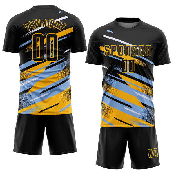 Custom Black Light Blue Gold-White Grunge Stripe And Grainy Sports Sublimation Soccer Uniform Jersey