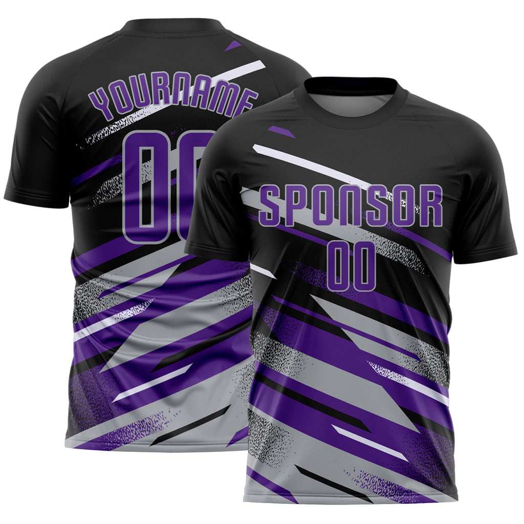 Custom Black Purple Gray-White Grunge Stripe And Grainy Sports Sublimation Soccer Uniform Jersey