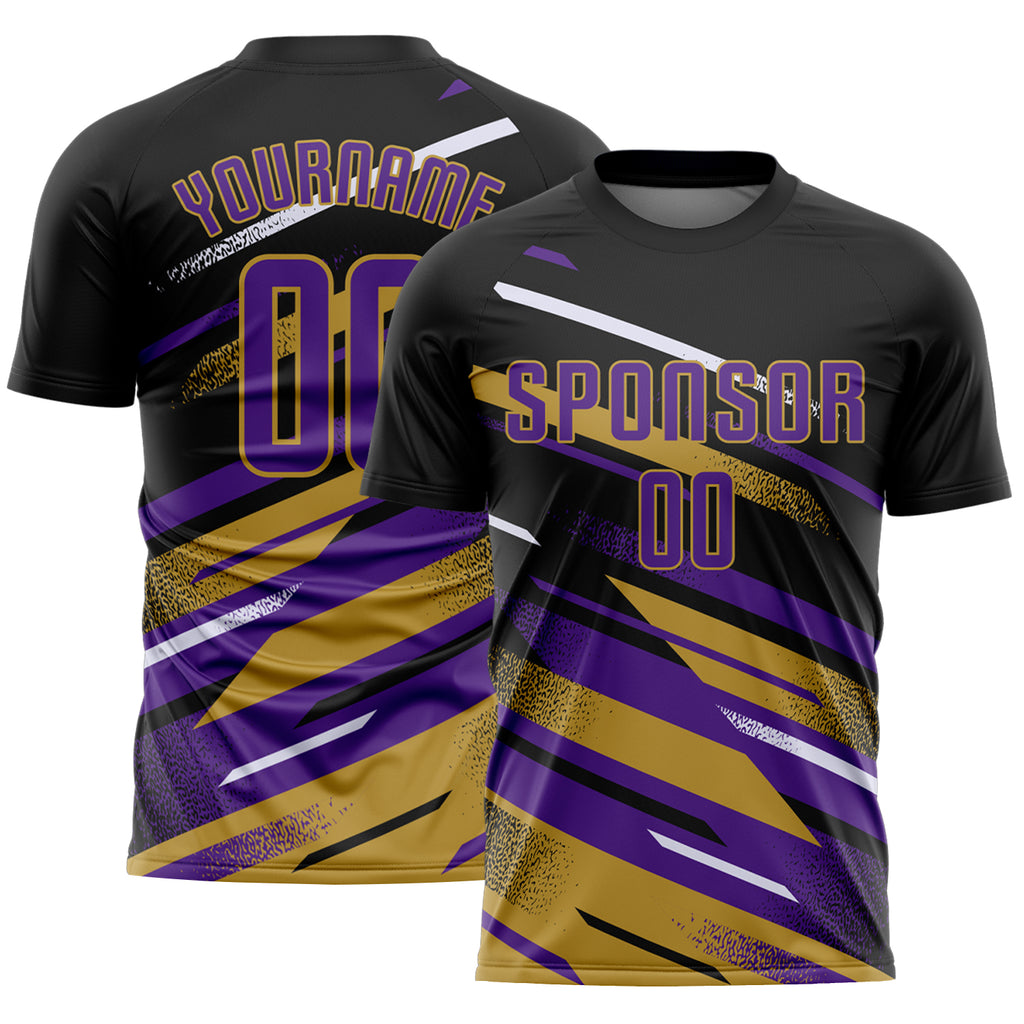 Custom Black Purple Old Gold-White Grunge Stripe And Grainy Sports Sublimation Soccer Uniform Jersey