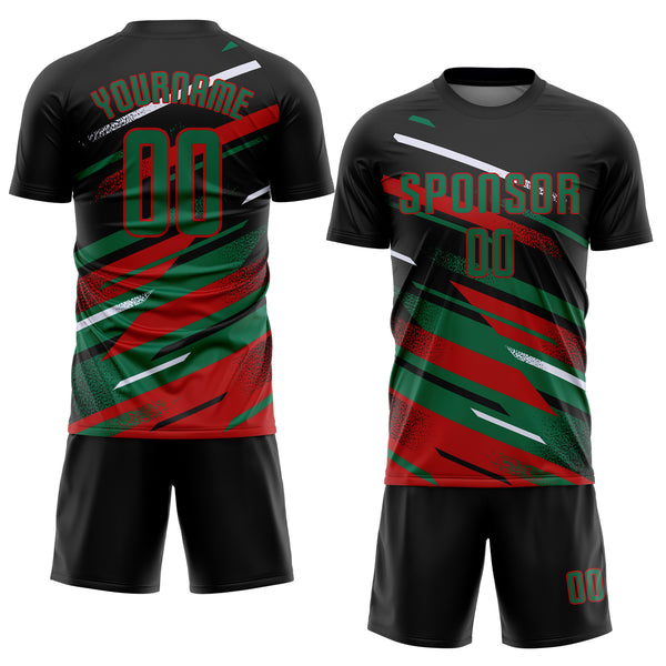Custom Black Kelly Green Red-White Grunge Stripe And Grainy Sports Sublimation Soccer Uniform Jersey