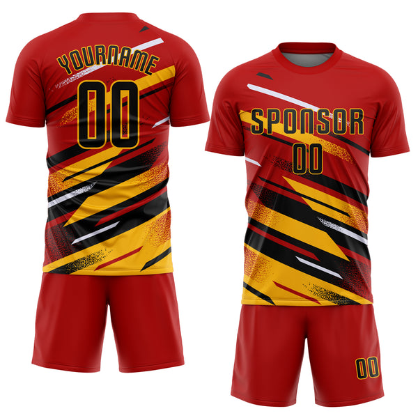 Custom Red Black Gold-White Grunge Stripe And Grainy Sports Sublimation Soccer Uniform Jersey