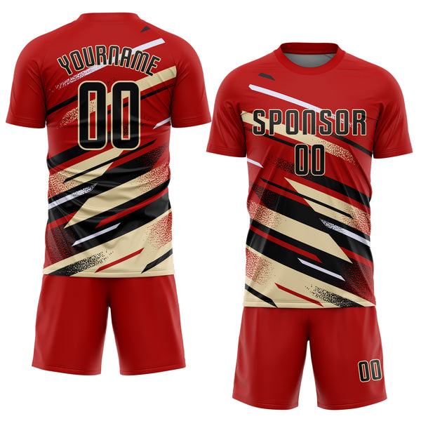 Custom Red Black Cream-White Grunge Stripe And Grainy Sports Sublimation Soccer Uniform Jersey
