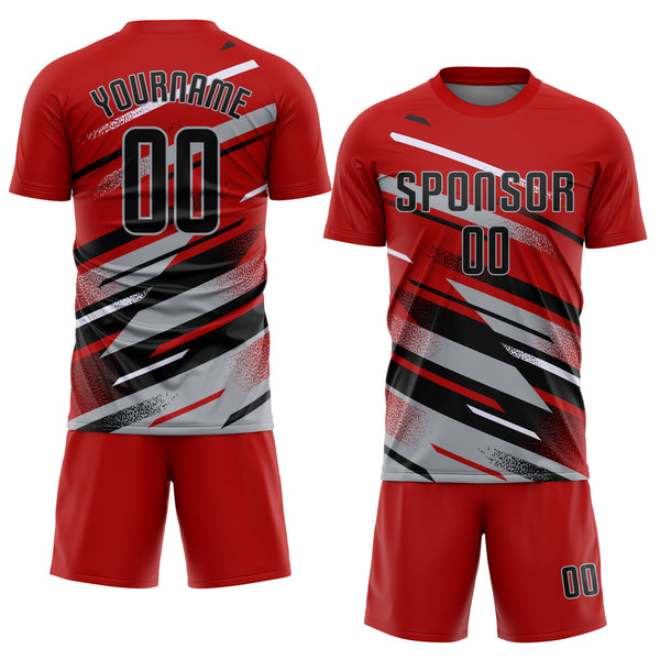 Custom Red Black Gray-White Grunge Stripe And Grainy Sports Sublimation Soccer Uniform Jersey