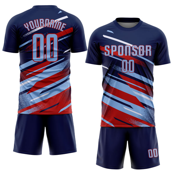 Custom Navy Light Blue Red-White Grunge Stripe And Grainy Sports Sublimation Soccer Uniform Jersey
