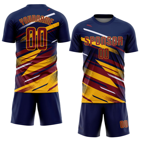 Custom Navy Crimson Gold-White Grunge Stripe And Grainy Sports Sublimation Soccer Uniform Jersey