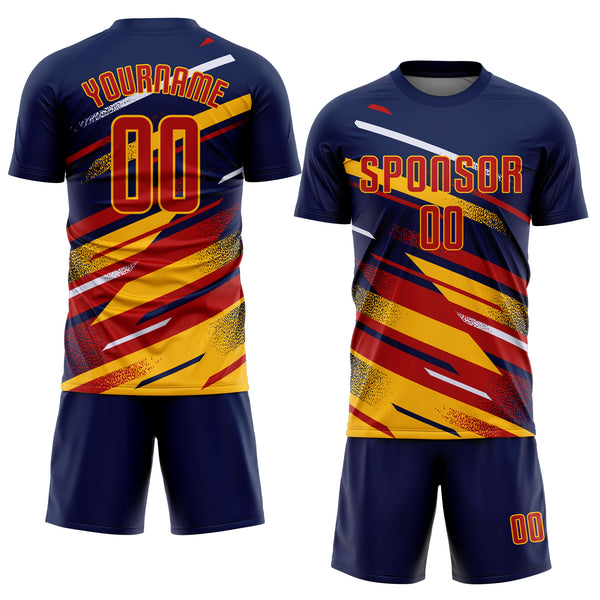 Custom Navy Red Gold-White Grunge Stripe And Grainy Sports Sublimation Soccer Uniform Jersey