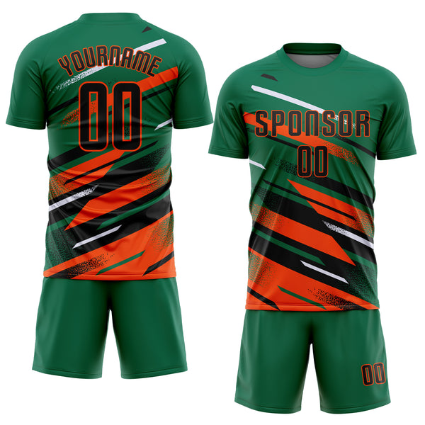Custom Kelly Green Black Orange-White Grunge Stripe And Grainy Sports Sublimation Soccer Uniform Jersey