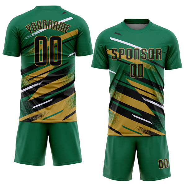 Custom Kelly Green Black Old Gold-White Grunge Stripe And Grainy Sports Sublimation Soccer Uniform Jersey