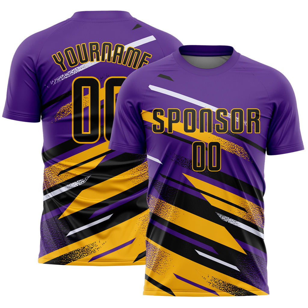 Custom Purple Black Gold-White Grunge Stripe And Grainy Sports Sublimation Soccer Uniform Jersey