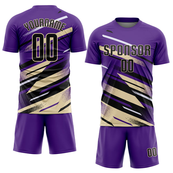 Custom Purple Black Cream-White Grunge Stripe And Grainy Sports Sublimation Soccer Uniform Jersey