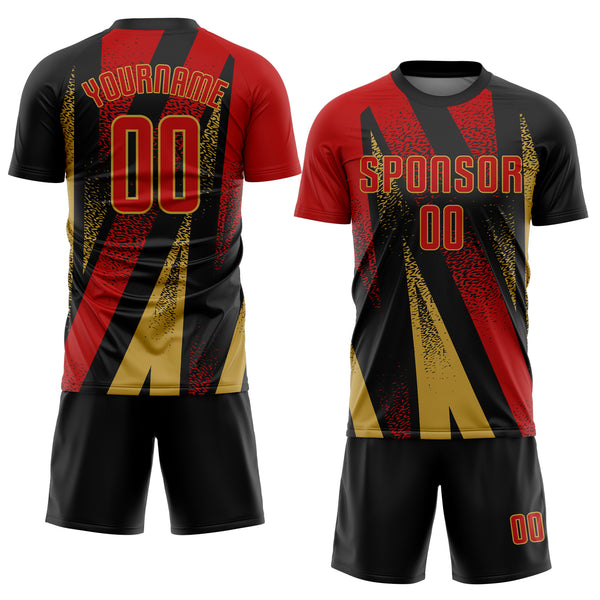 Custom Black Red-Old Gold Radial Burst Sports Sublimation Soccer Uniform Jersey