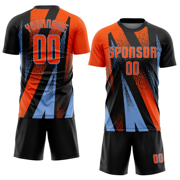 Custom Black Orange-Powder Blue Radial Burst Sports Sublimation Soccer Uniform Jersey