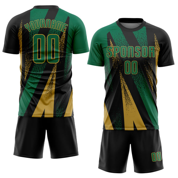 Custom Black Kelly Green-Old Gold Radial Burst Sports Sublimation Soccer Uniform Jersey
