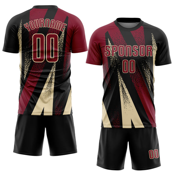 Custom Black Crimson-Cream Radial Burst Sports Sublimation Soccer Uniform Jersey